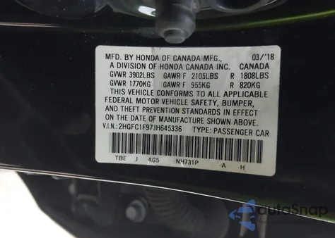 2018 Honda Civic Touring from USA, damaged, VIN 2HGFC1F97JH645336